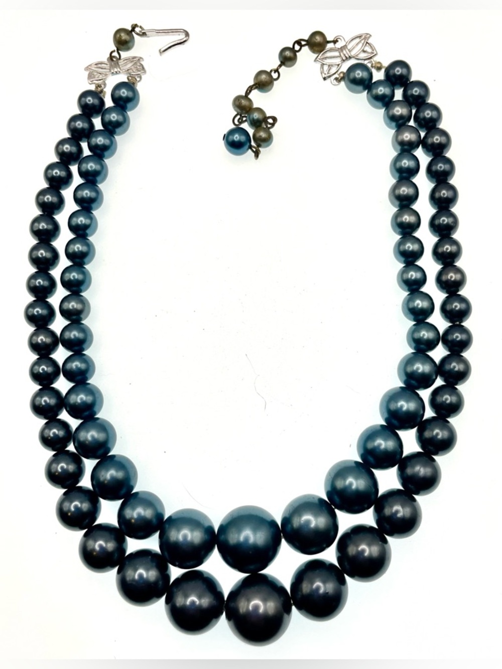 Vintage Japan Double Strand Gray Faux Pearl Necklace Graduated Beads MCM
